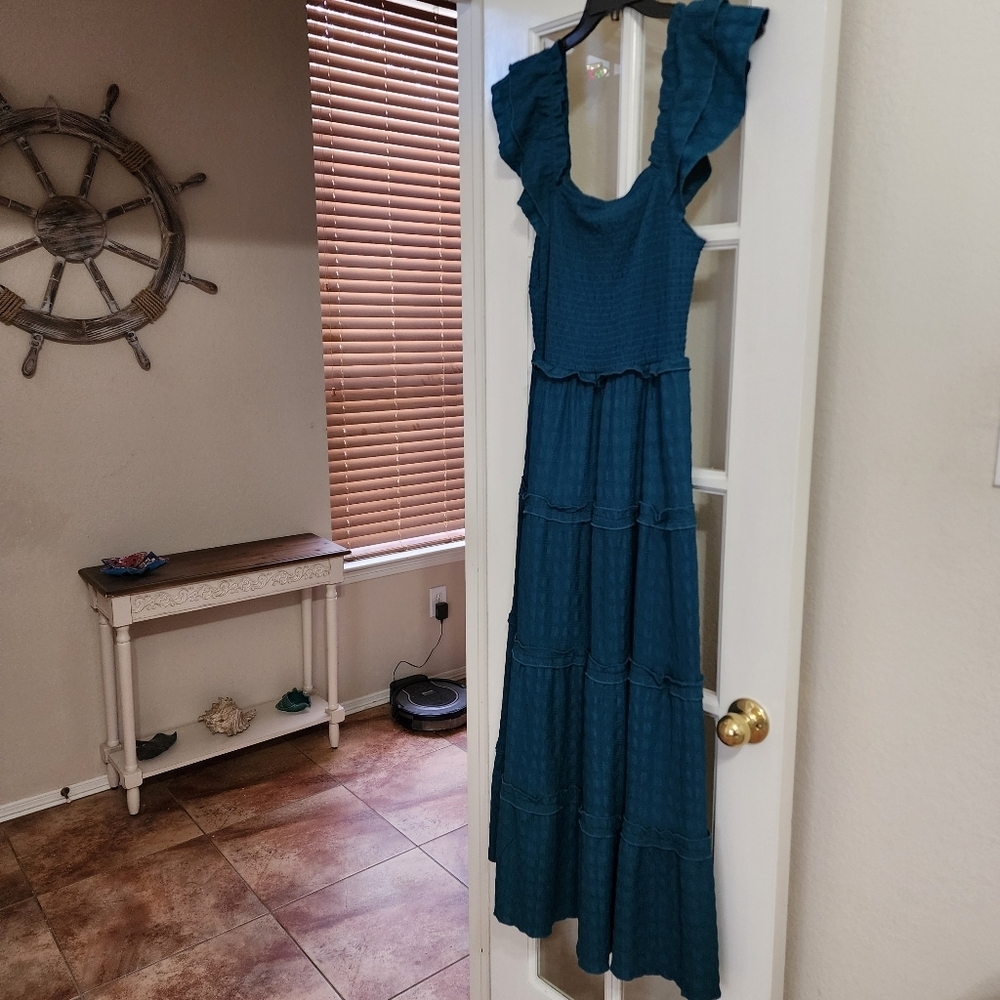 Rebellion Women’s Teal Tiered Maxi Dress Boho Cottagecore Western Ruffle Sleeves - Picture 2 of 12